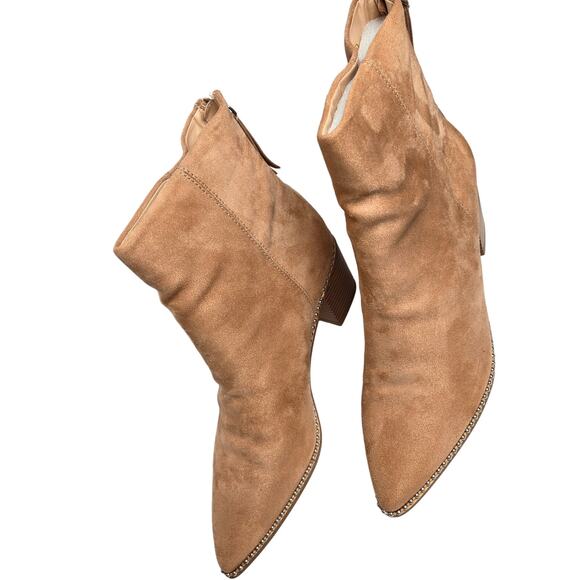 LAICIGO Suede Pointed Toe Ankle Boot Chunky Stacked Heel Back Zipper Sz 11 Beige - Picture 2 of 7